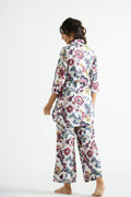 Purple White Floral Collared Cotton Lounge Co-Ord Set with 7 button | Co-Ord Set | Shop stylish women's clothing online at Label Flavia |