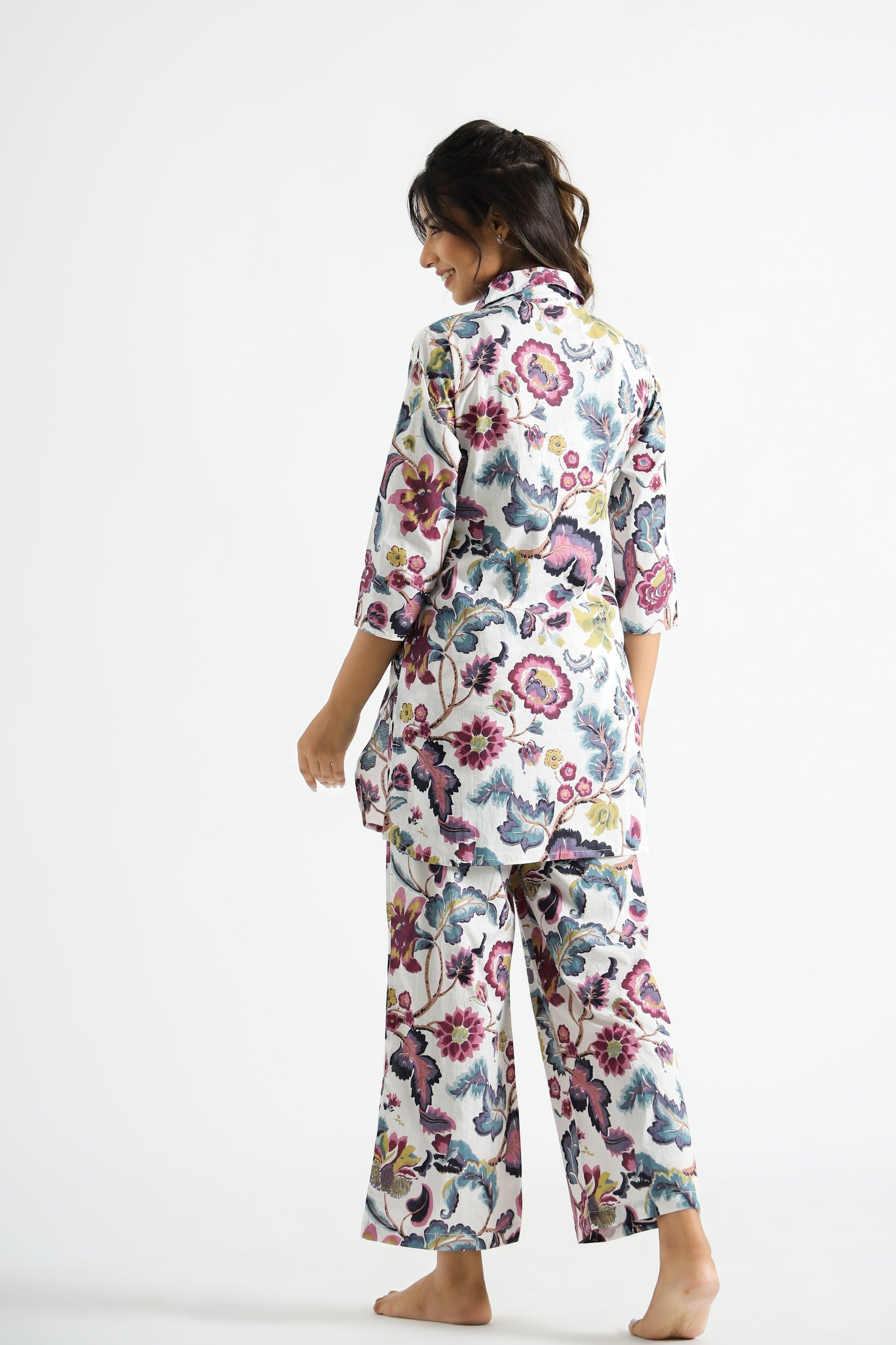 Purple White Floral Collared Cotton Lounge Co-Ord Set with 7 button | Co-Ord Set | Shop stylish women's clothing online at Label Flavia |
