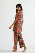 Dark Red Jungle Collared Cotton Lounge Co-Ord Set with 3 button | Co-Ord Set | Shop stylish women's clothing online at Label Flavia |