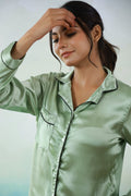 Green Satin Night Suit - Button-Down Shirt & Trousers | Co-Ord Set | Shop stylish women's clothing online at Label Flavia |