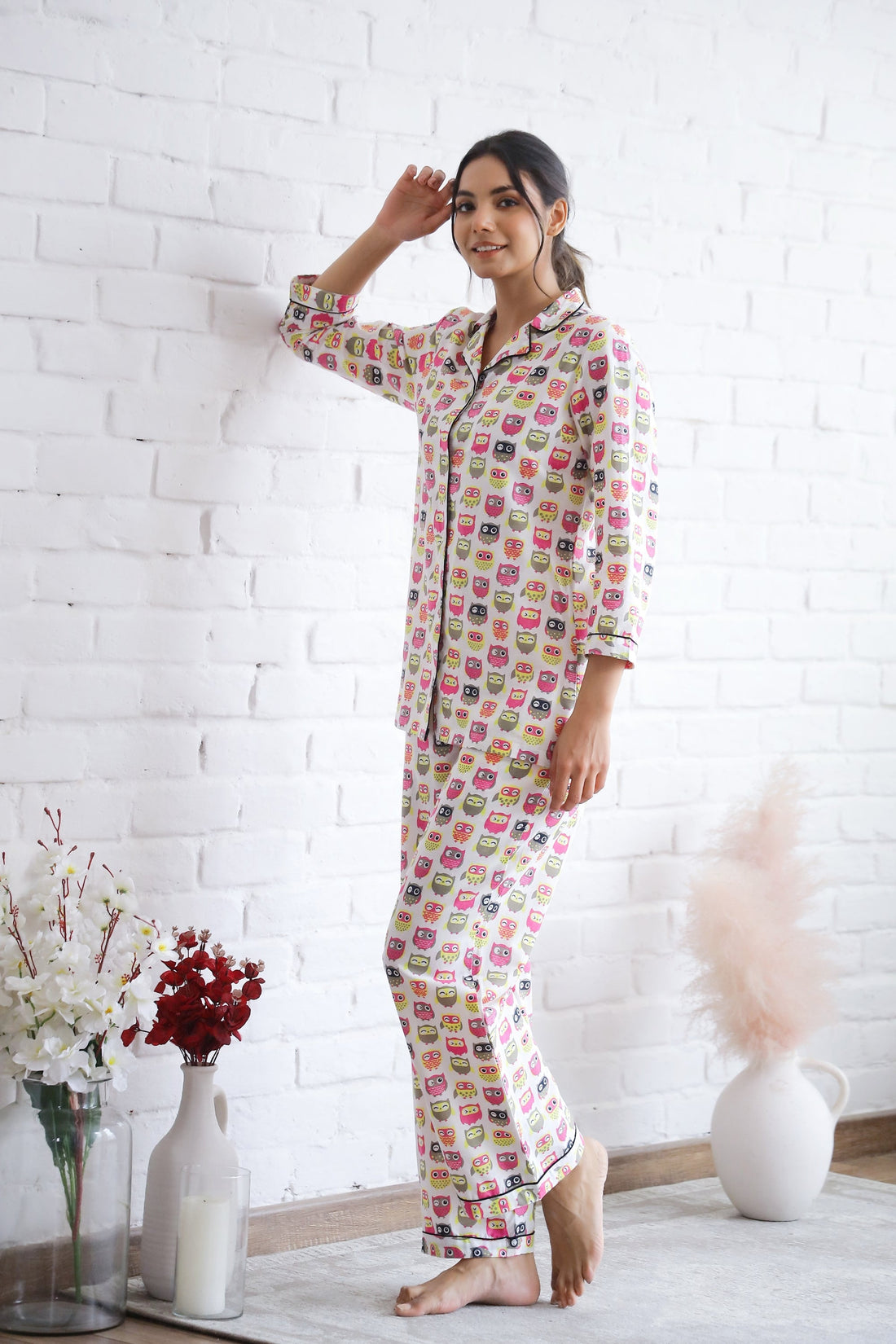 Owl Printed Cotton Night Suit | Co-Ord Set | Shop stylish women's clothing online at Label Flavia |