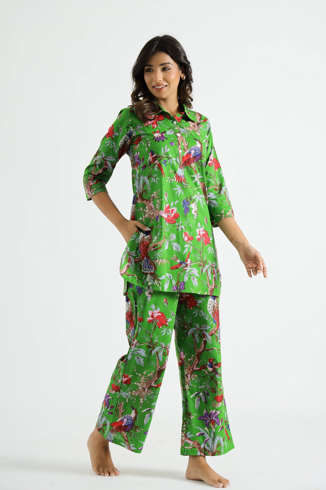 Parrot Green Chirping Birds Collared Cotton Lounge Co-Ord Set with 3 button | Co-Ord Set | Shop stylish women's clothing online at Label Flavia |