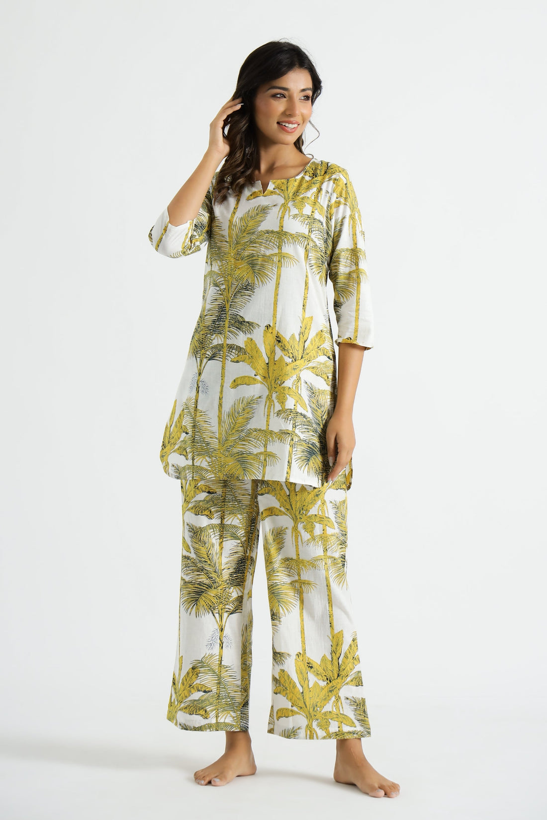 Yellow Palm Tree Printed Cotton Co-ord Set - Tropical Style | Co-Ord Set | Shop stylish women's clothing online at Label Flavia |