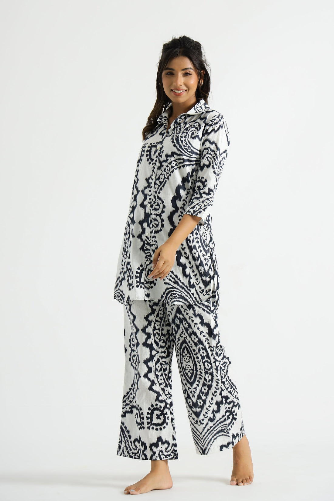 Black & White Ehtnic Motif Collared Cotton Lounge Co-Ord Set with 7 button | Co-Ord Set | Shop stylish women's clothing online at Label Flavia |