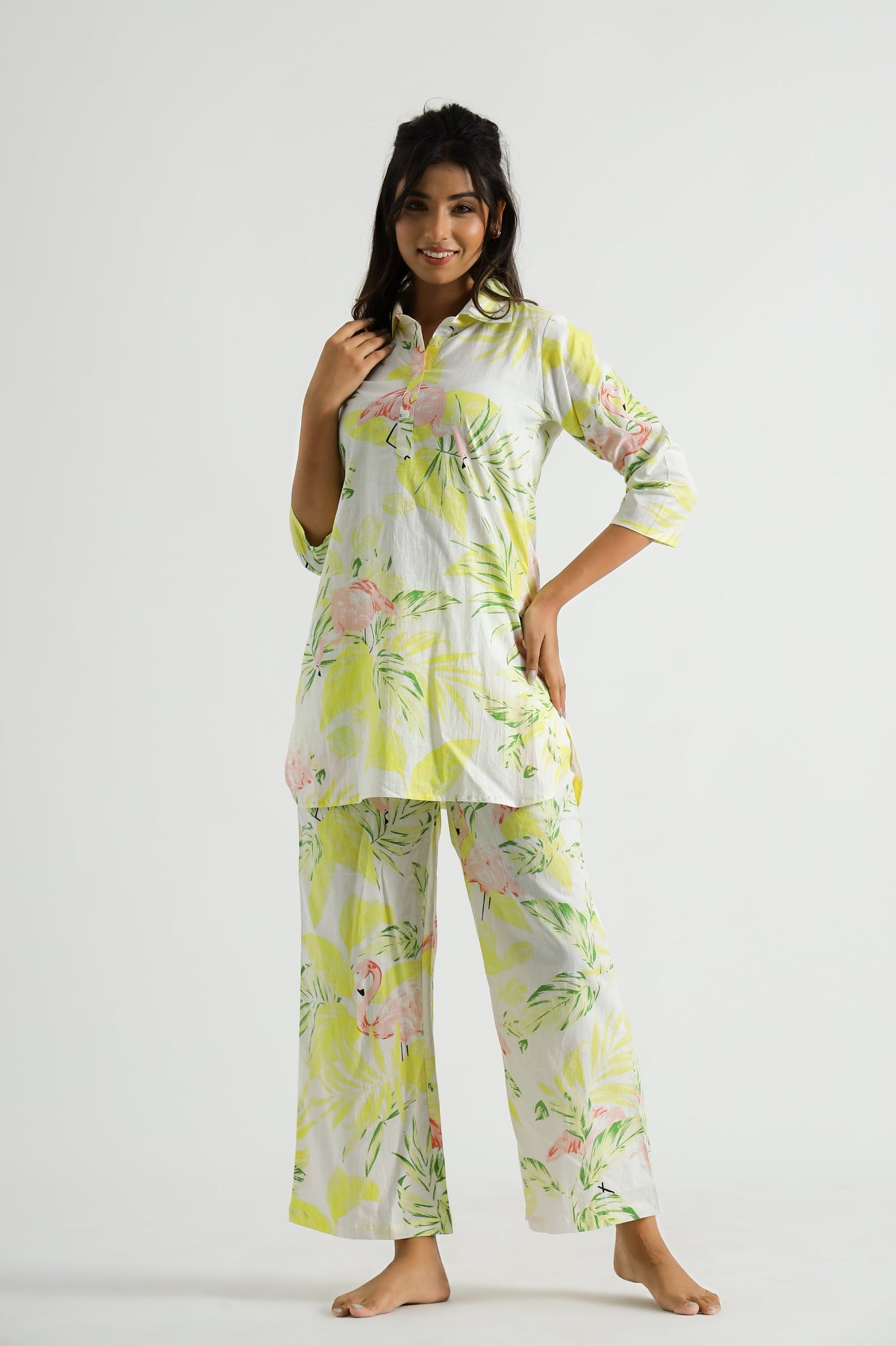 Lime Flamingo Collared Cotton Lounge Co-Ord Set with 3 button | Co-Ord Set | Shop stylish women's clothing online at Label Flavia |