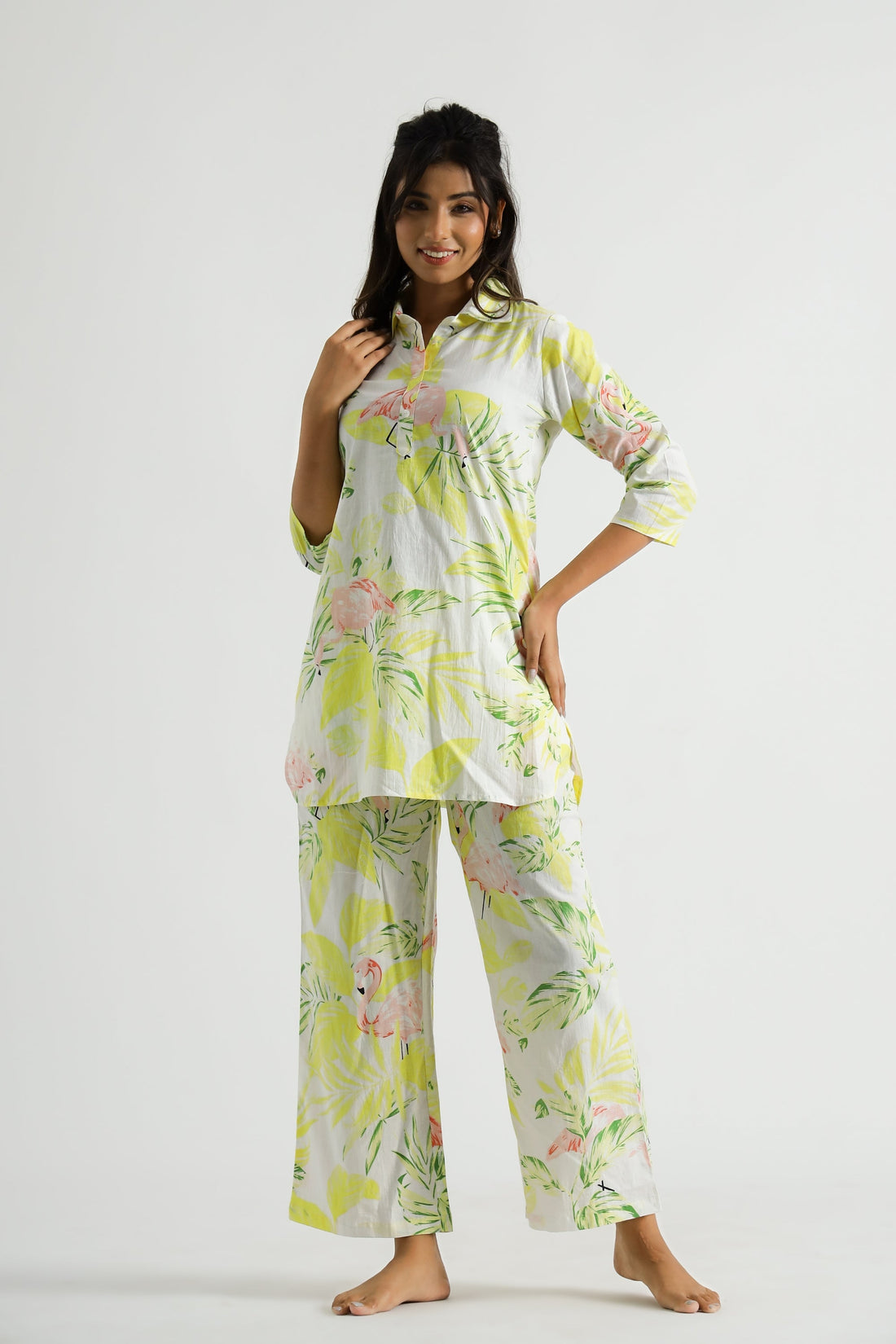 Lime Flamingo Collared Cotton Lounge Co-Ord Set with 3 button | Co-Ord Set | Shop stylish women's clothing online at Label Flavia |