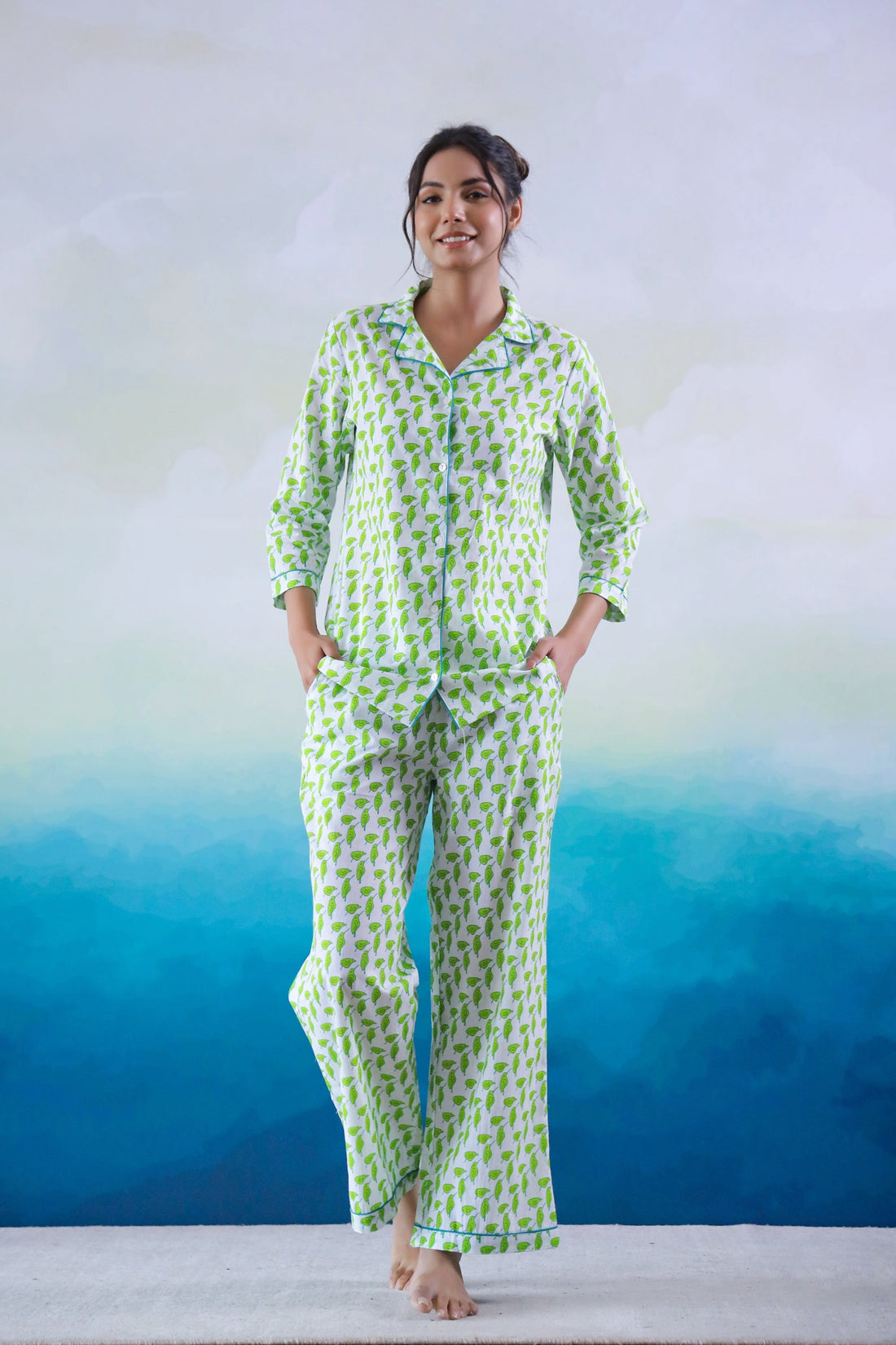 Green Leaf Printed Cotton Night Suit | Co-Ord Set | Shop stylish women's clothing online at Label Flavia |