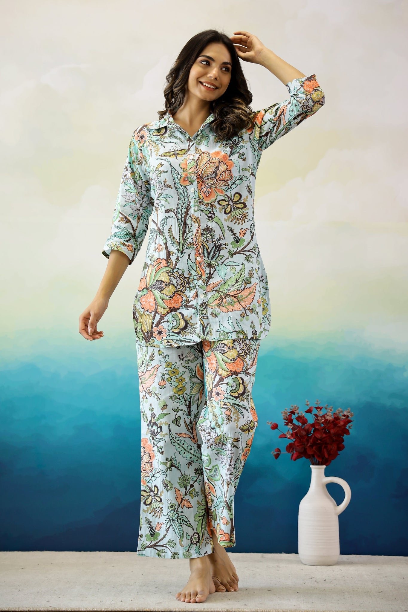 Blue & Orange Floral Jaal Cotton Coord Set | Co-Ord Set | Shop stylish women's clothing online at Label Flavia |