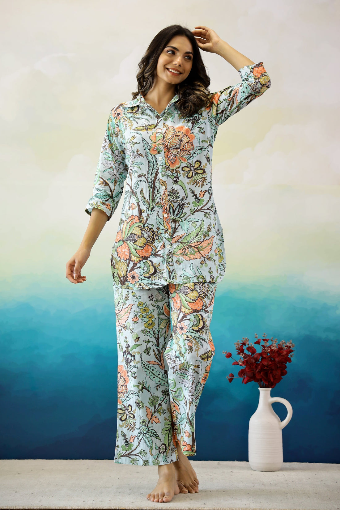 Blue & Orange Floral Jaal Cotton Coord Set | Co-Ord Set | Shop stylish women's clothing online at Label Flavia |