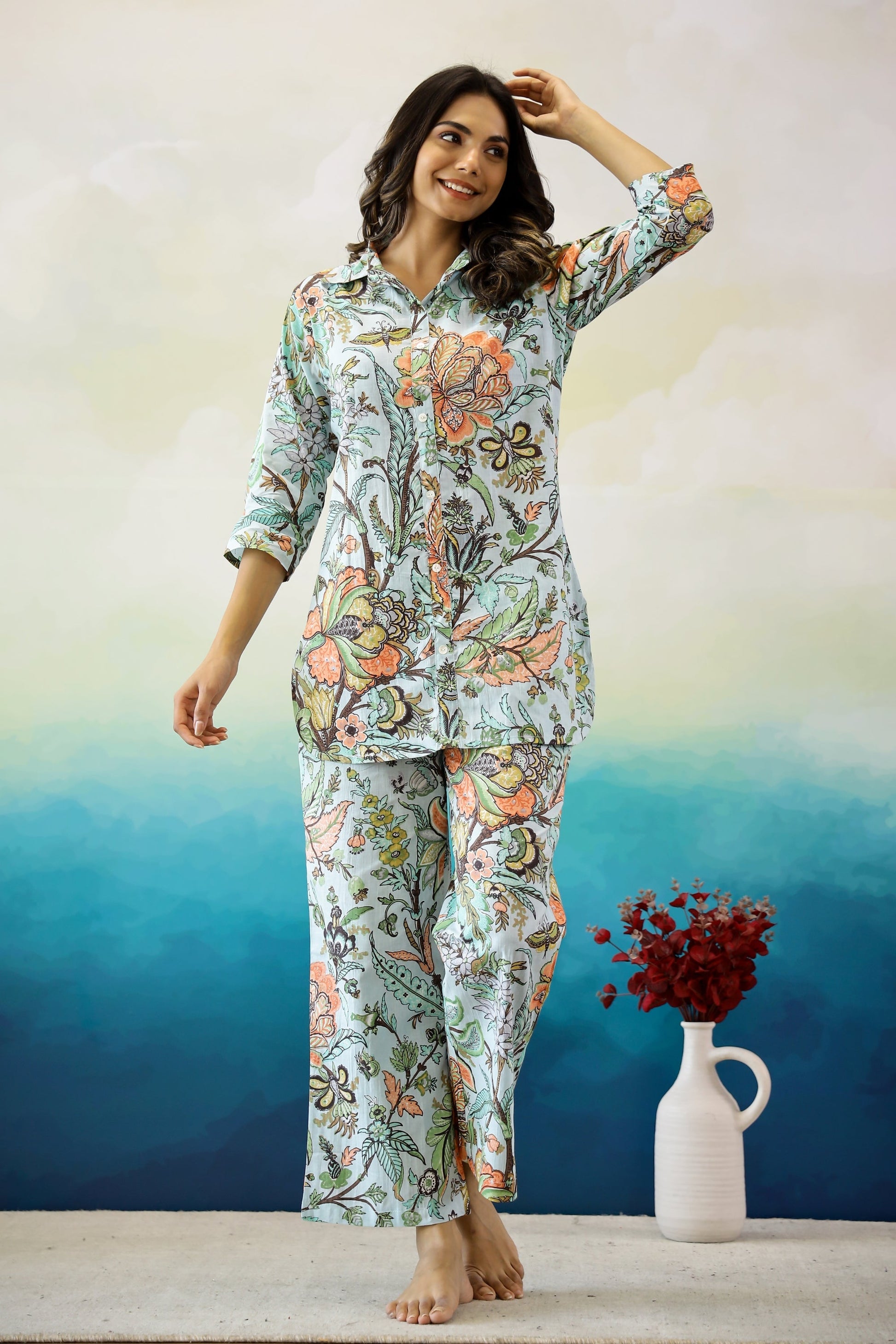 Blue & Orange Floral Jaal Cotton Coord Set | Co-Ord Set | Shop stylish women's clothing online at Label Flavia |