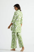 Light Green Ehtnic Motif Collared Cotton Lounge Co-Ord Set with 3 button | Co-Ord Set | Shop stylish women's clothing online at Label Flavia |