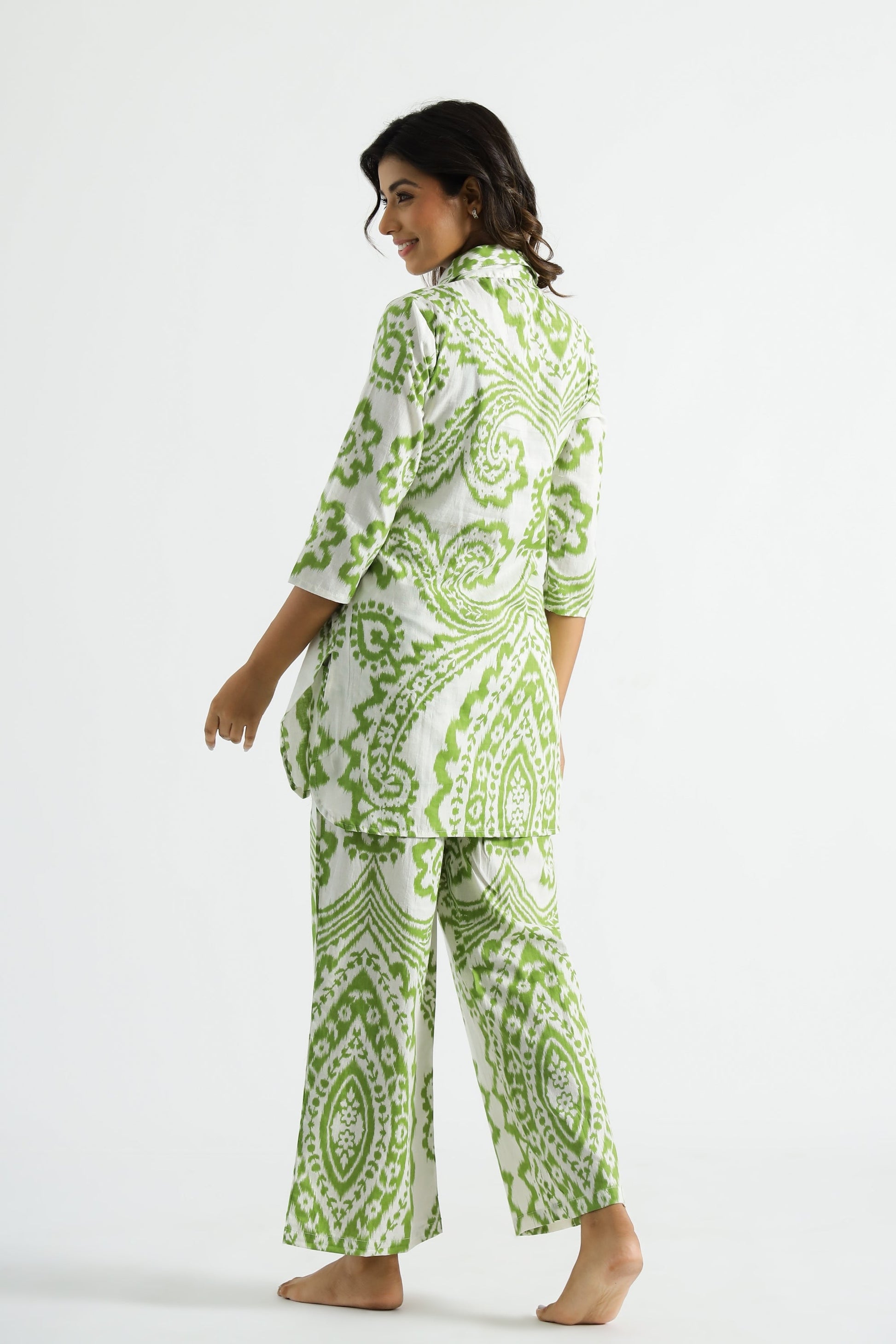 Light Green Ehtnic Motif Collared Cotton Lounge Co-Ord Set with 3 button | Co-Ord Set | Shop stylish women's clothing online at Label Flavia |