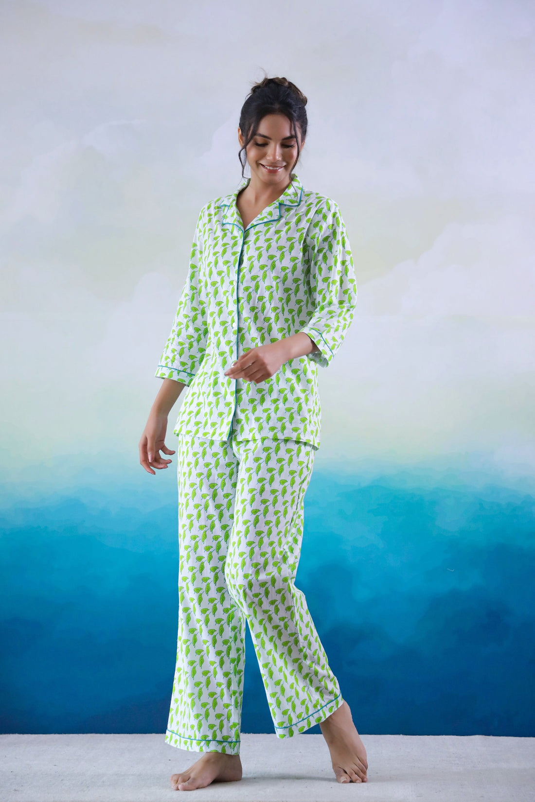 Green Leaf Printed Cotton Night Suit | Co-Ord Set | Shop stylish women's clothing online at Label Flavia |