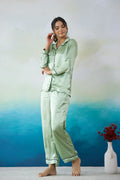 Green Satin Night Suit - Button-Down Shirt & Trousers | Co-Ord Set | Shop stylish women's clothing online at Label Flavia |
