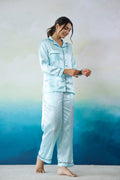 Sky Blue Satin Night Suit - Button-Down Shirt & Trousers | Co-Ord Set | Shop stylish women's clothing online at Label Flavia |