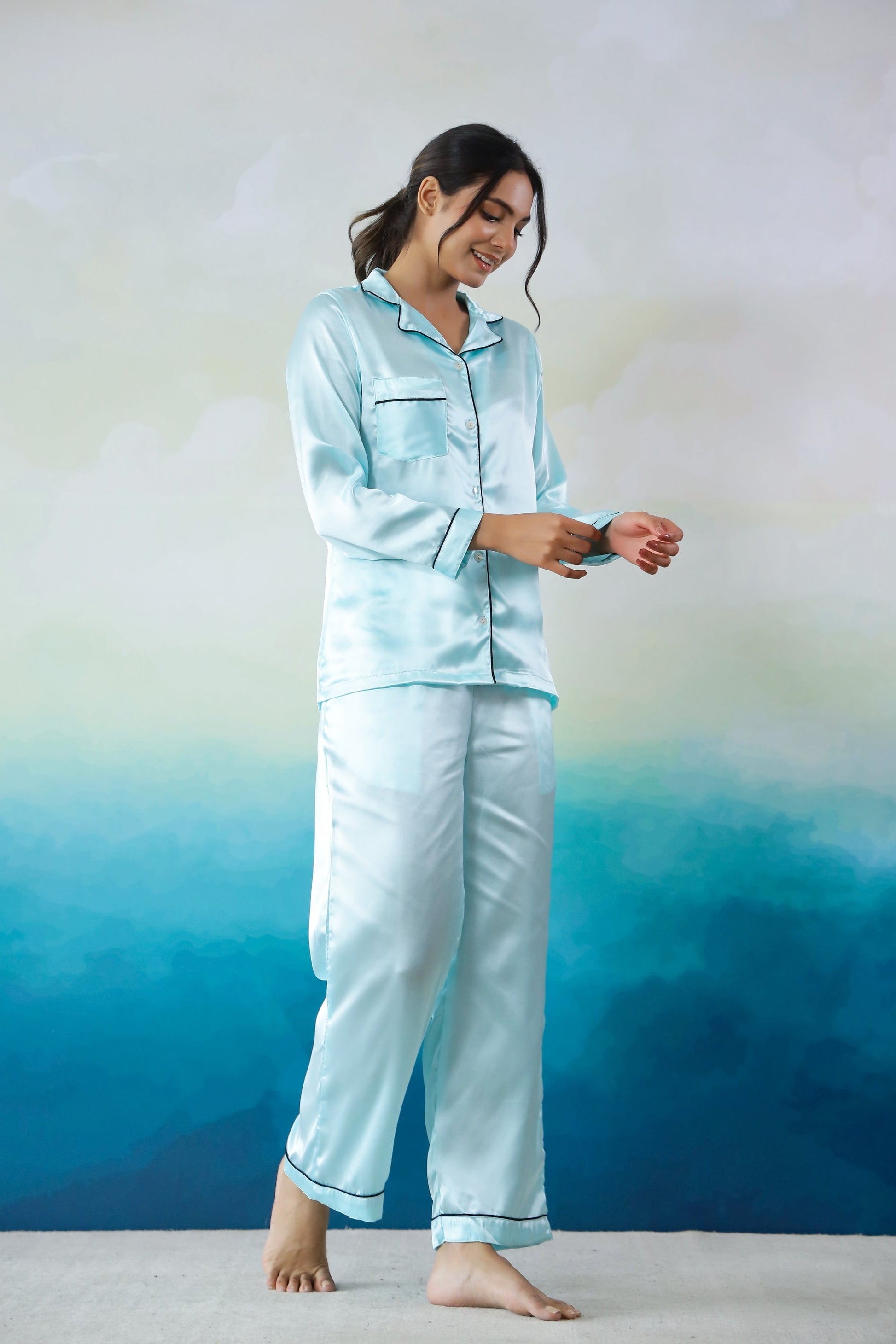 Sky Blue Satin Night Suit - Button-Down Shirt & Trousers | Co-Ord Set | Shop stylish women's clothing online at Label Flavia |