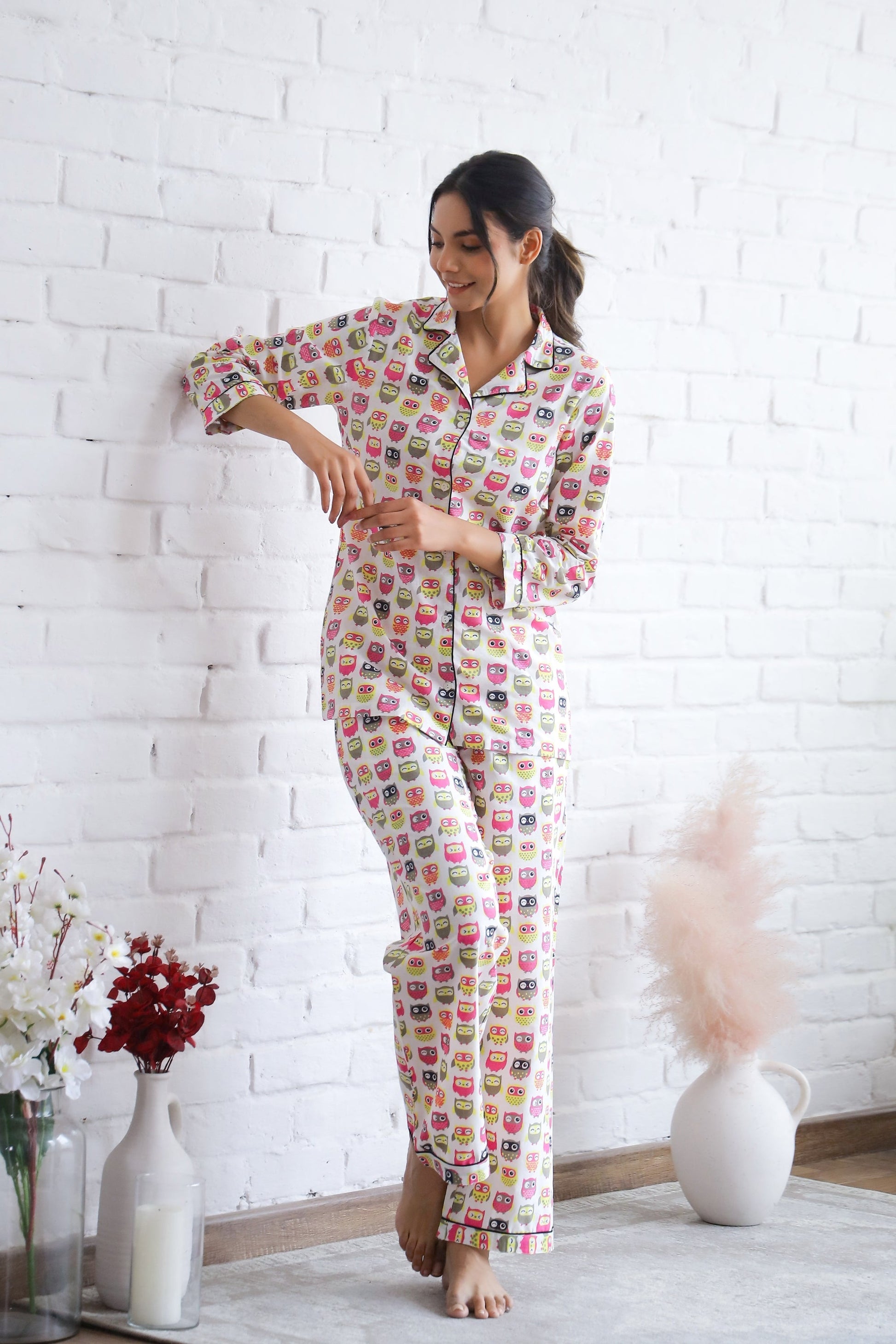 Owl Printed Cotton Night Suit | Co-Ord Set | Shop stylish women's clothing online at Label Flavia |