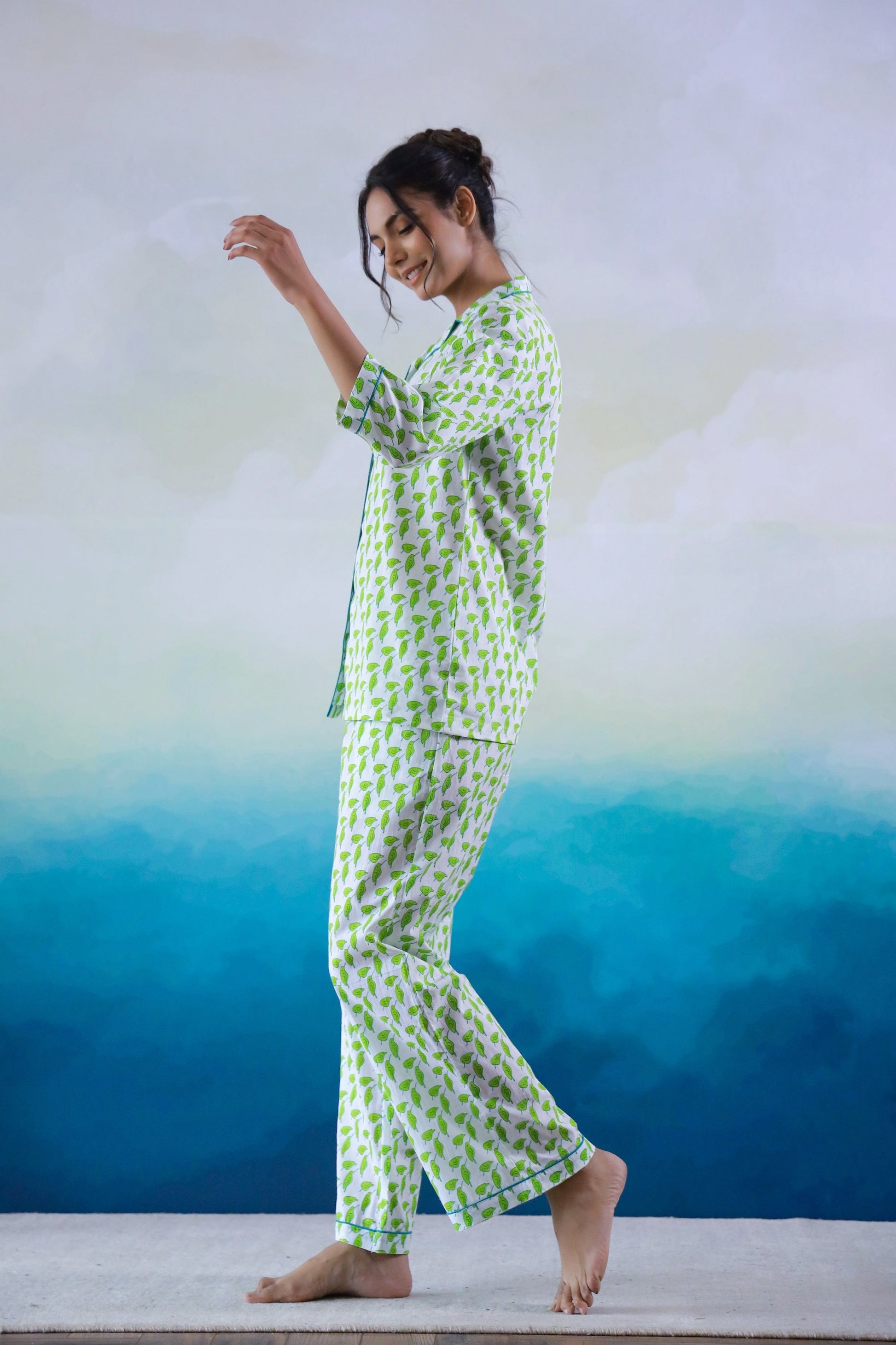 Green Leaf Printed Cotton Night Suit | Co-Ord Set | Shop stylish women's clothing online at Label Flavia |