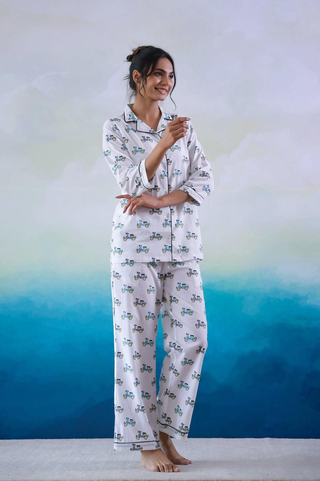 Scooter Printed Cotton Night Suit | Co-Ord Set | Shop stylish women's clothing online at Label Flavia |