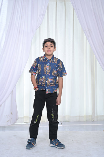 Boys Navy Blue Royal Tiger Print Shirt