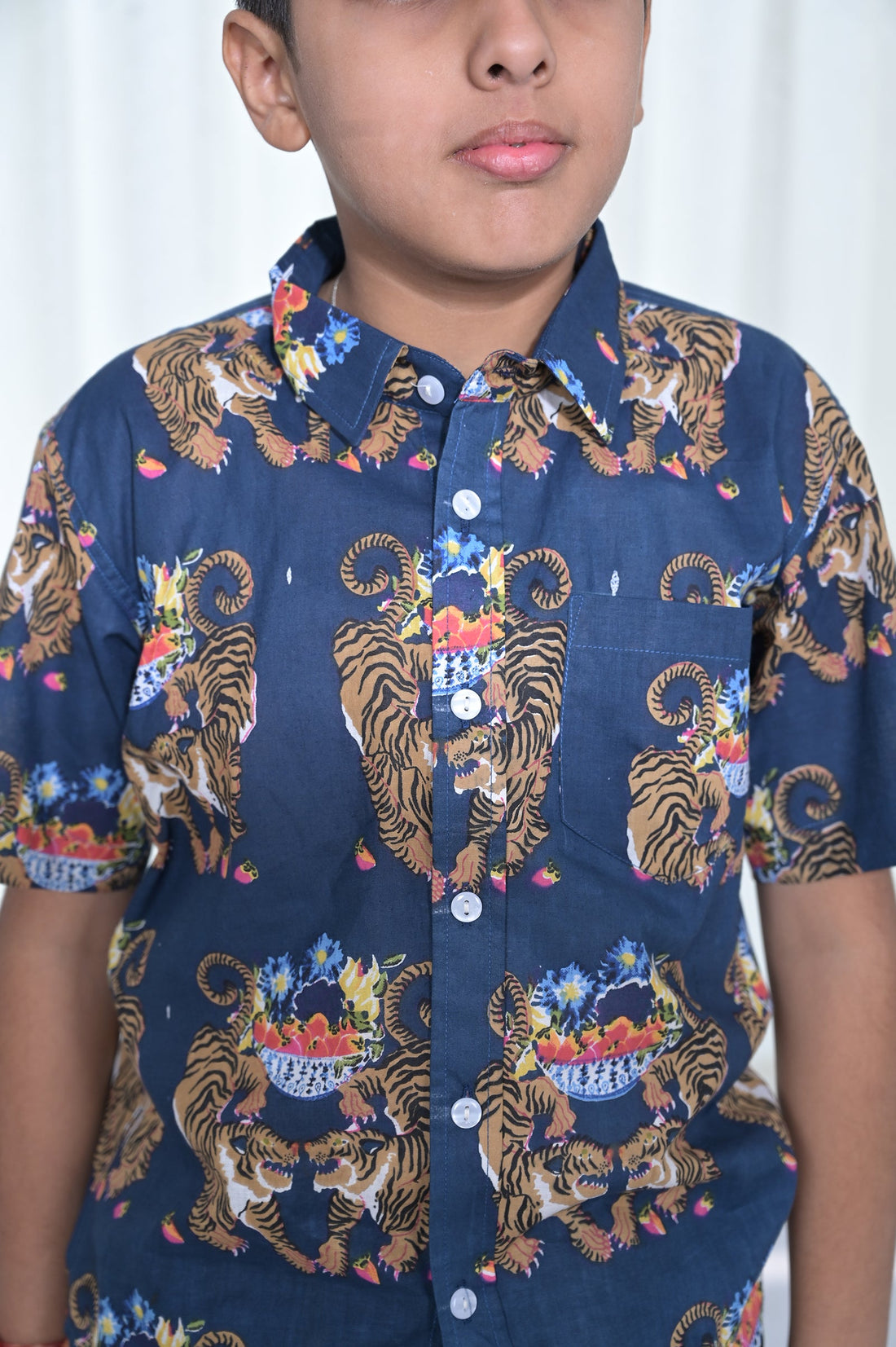 Boys Navy Blue Royal Tiger Print Shirt