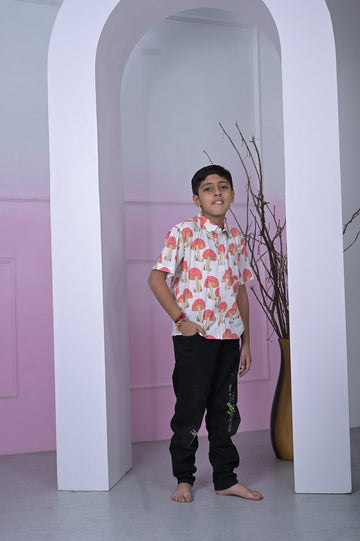 Toadstool Mushroom Print Boy’s Shirt – White