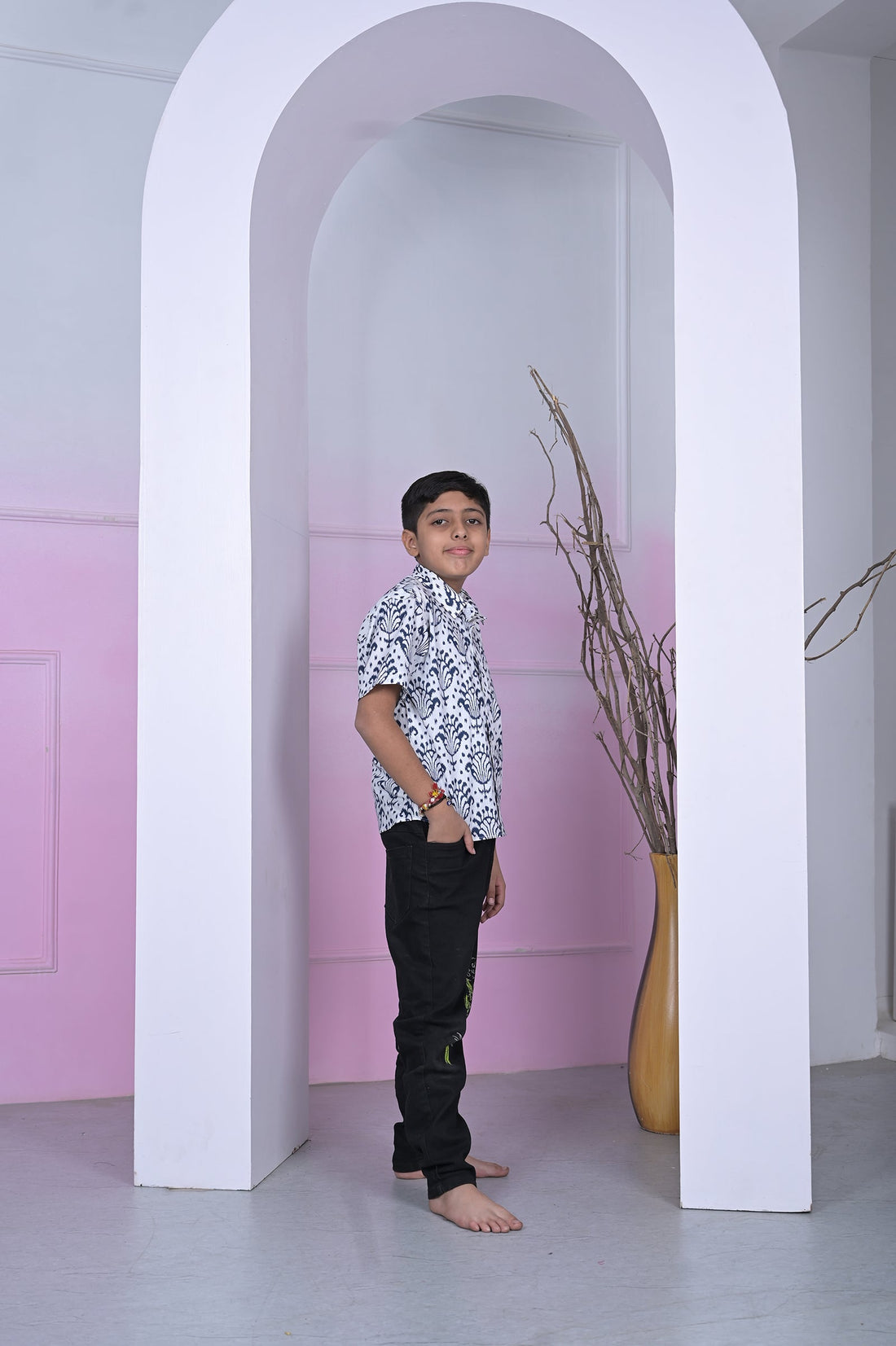 Indigo Block Print Boy’s Shirt – White & Navy