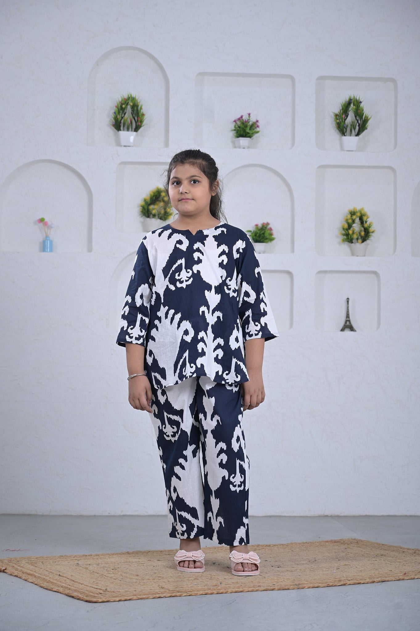 Navy Ikat Print Girl’s Coord Set – Blue & White