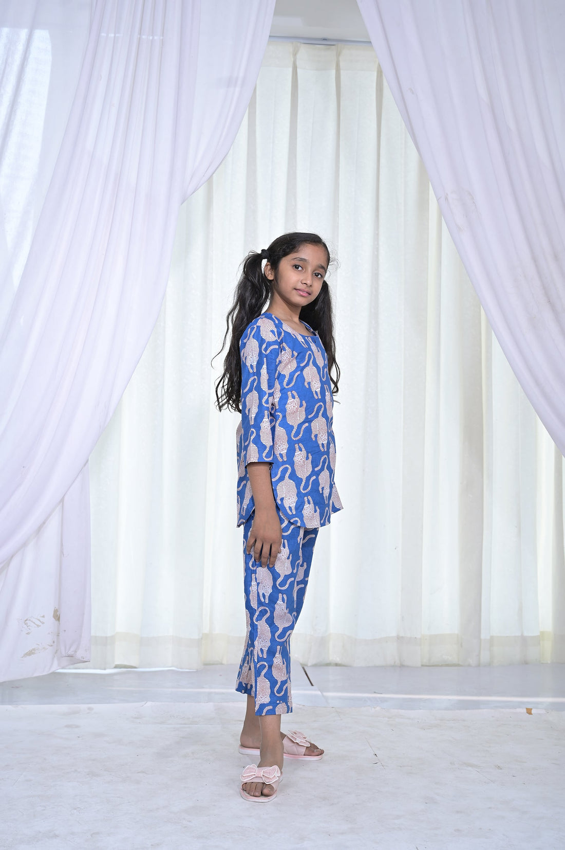 Blue Cat Print Girls Coord Set