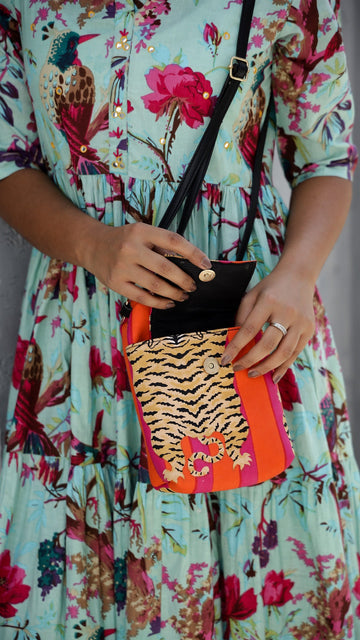 Vibrant Orange Tiger Print Crossbody Bag