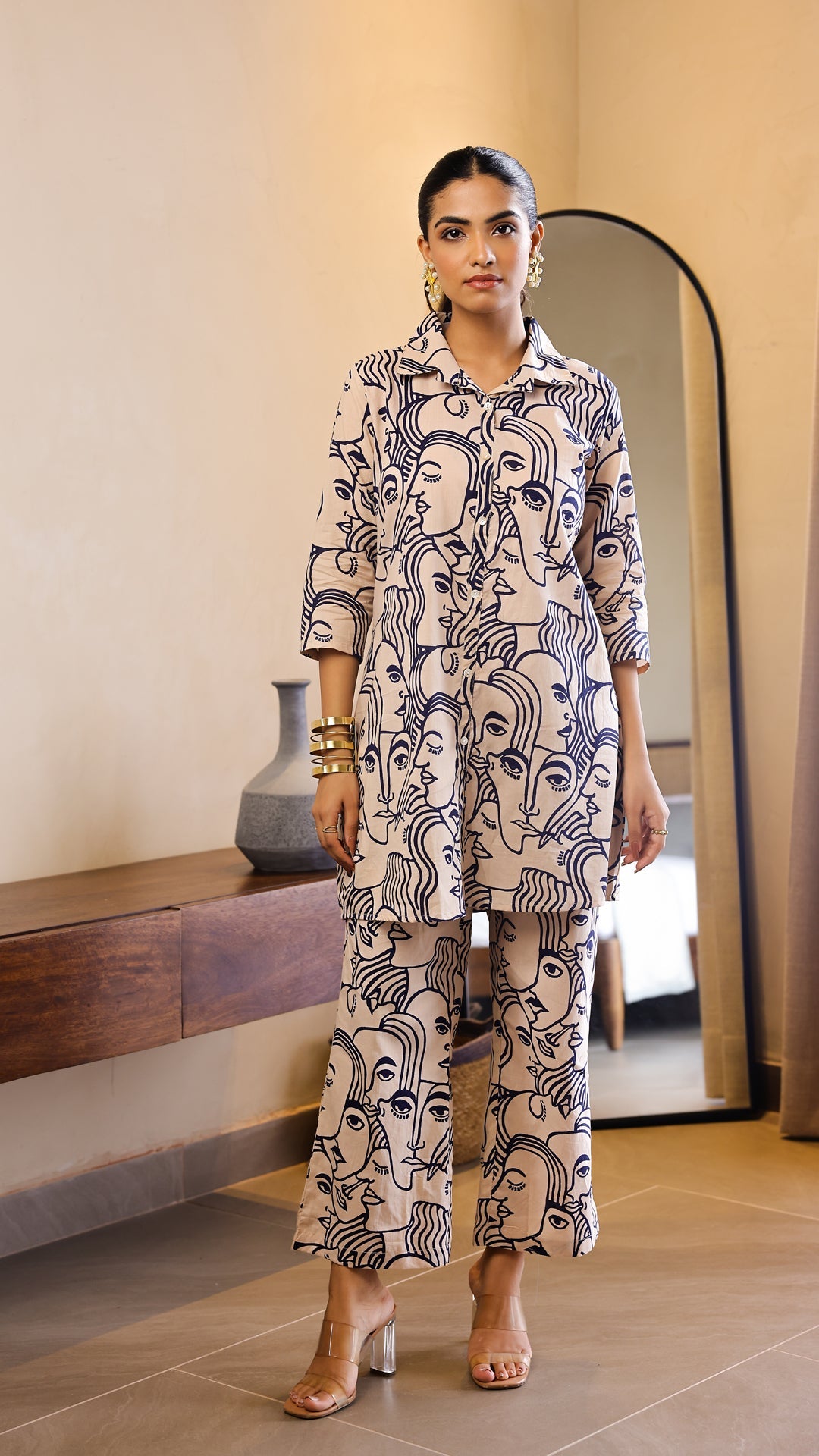 Beige & Black Artistic Face Print Co-ord Set