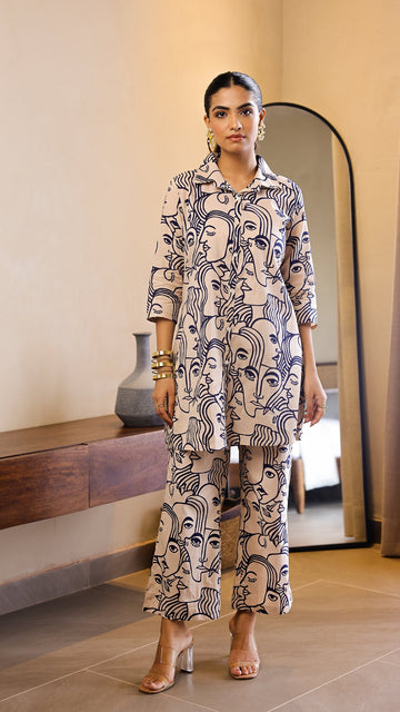 Beige & Black Artistic Face Print Co-ord Set