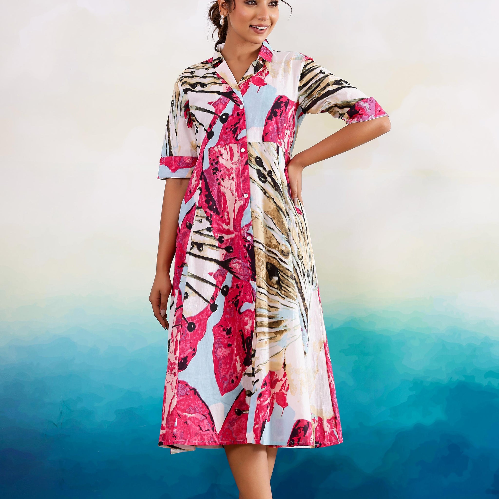 Pink Abstract Cotton Dress | | Shop stylish women's clothing online at Label Flavia |
