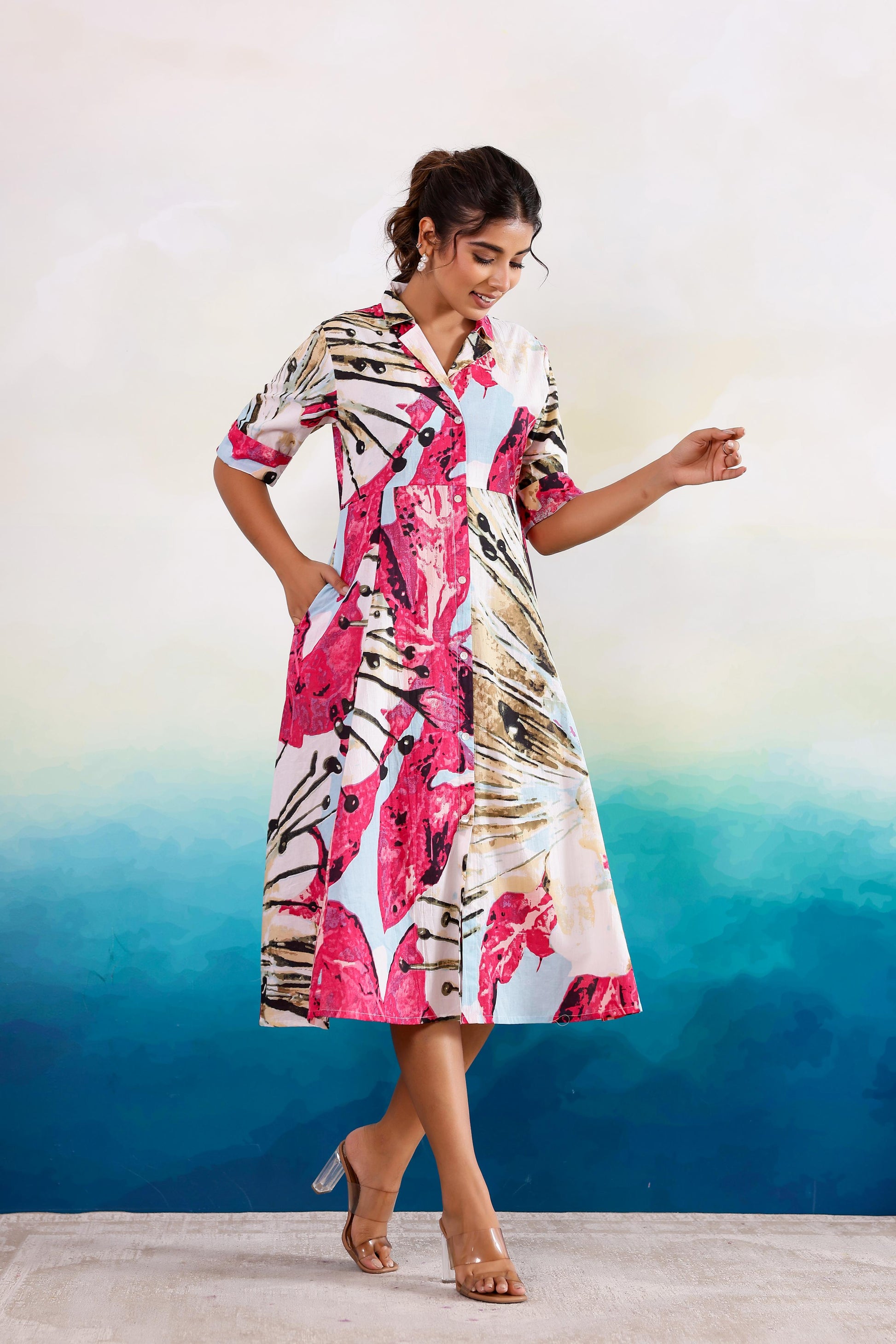 Pink Abstract Cotton Dress | | Shop stylish women's clothing online at Label Flavia |