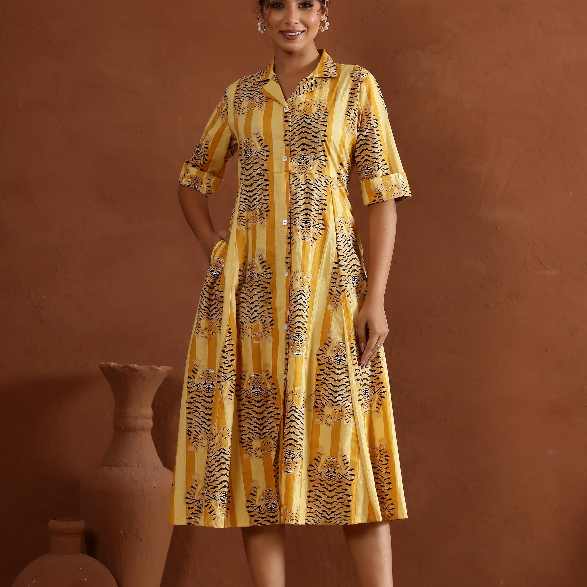 Yellow Tiger Cotton Dress | | Shop stylish women's clothing online at Label Flavia |