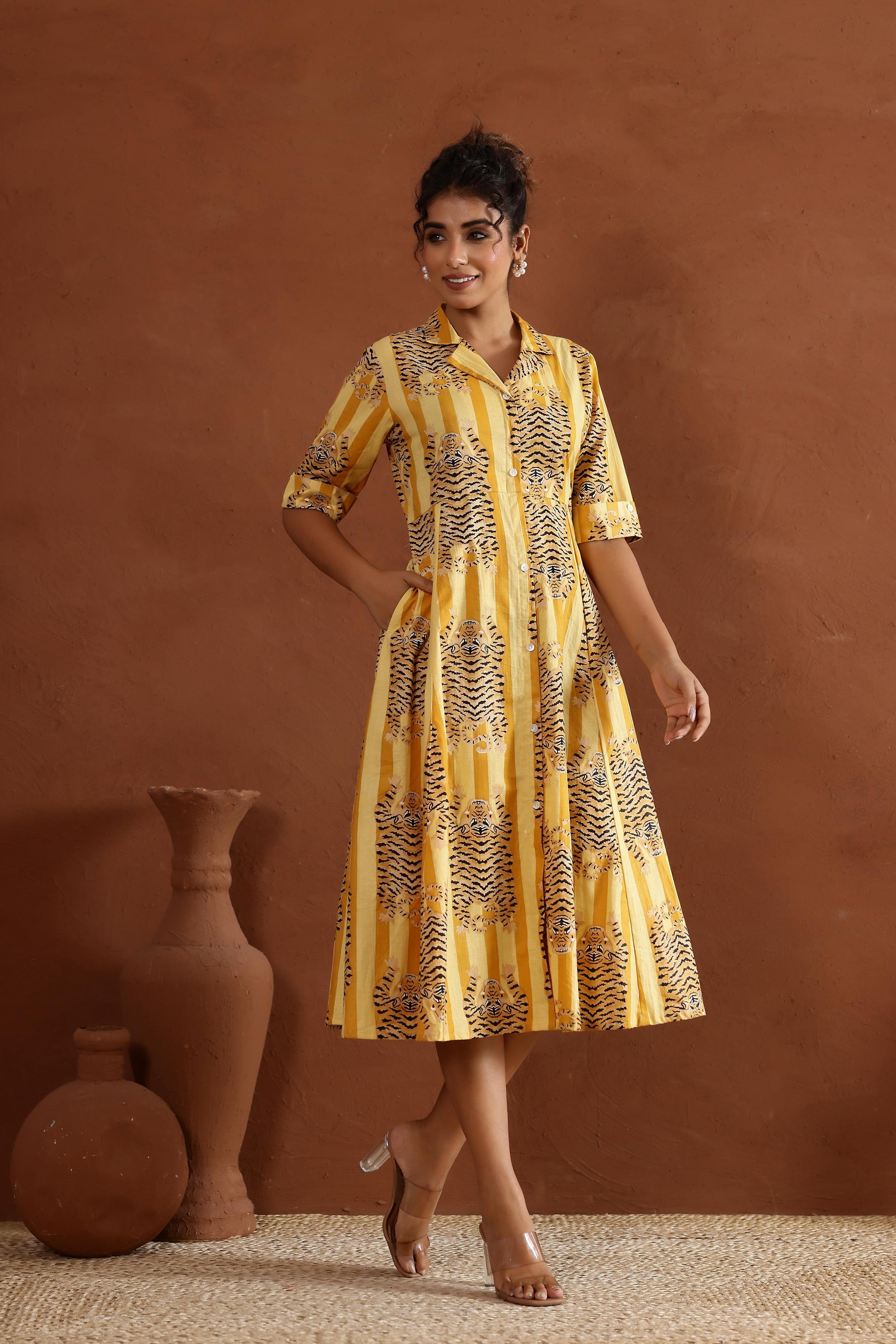 Yellow Tiger Cotton Dress | | Shop stylish women's clothing online at Label Flavia |