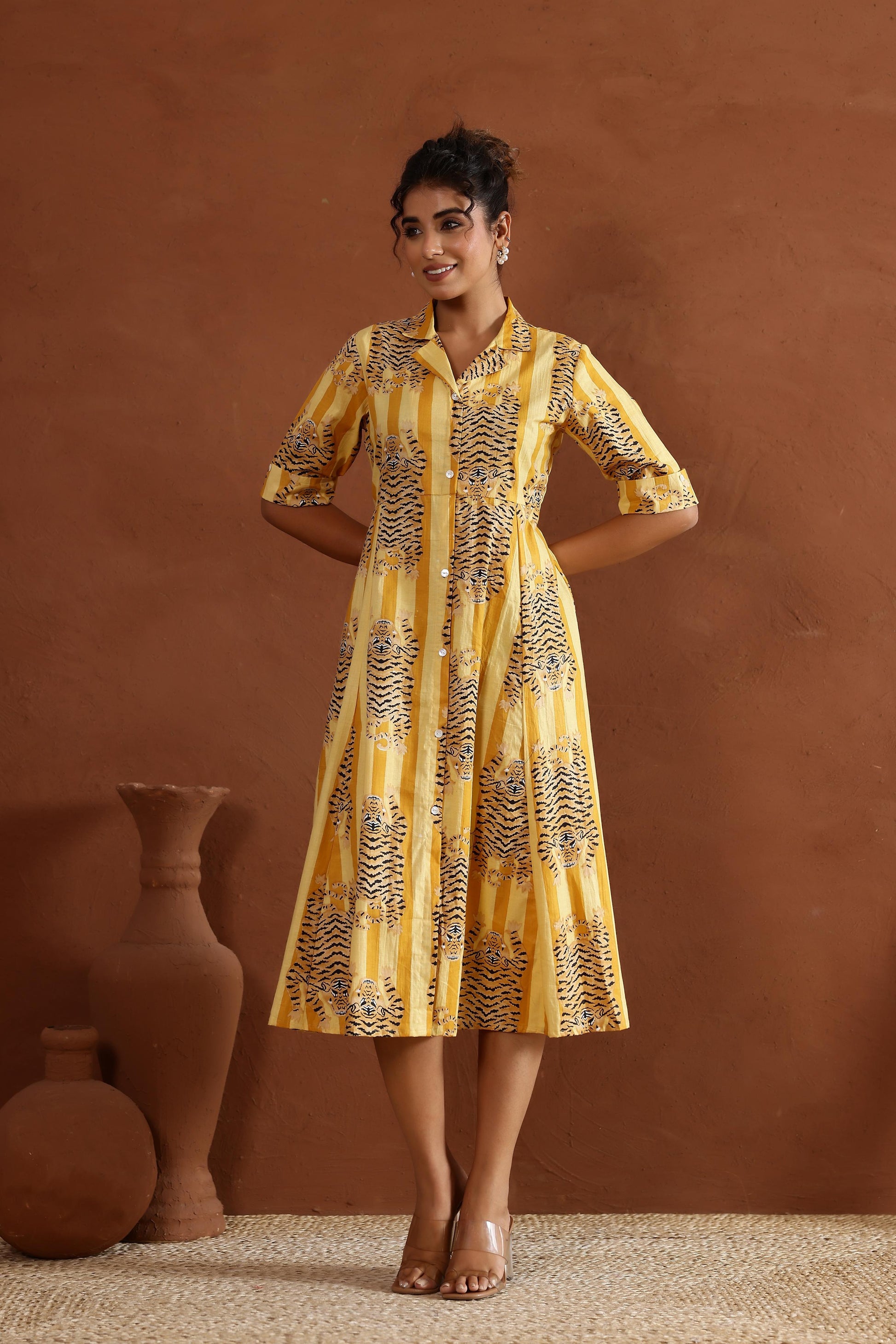 Yellow Tiger Cotton Dress | | Shop stylish women's clothing online at Label Flavia |