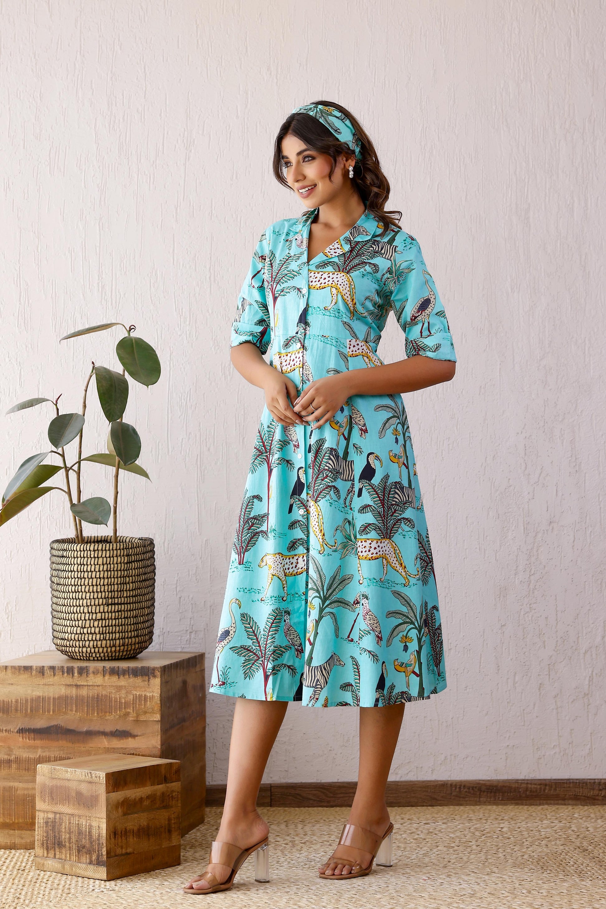 Teal Jungle Cotton Dress | | Shop stylish women's clothing online at Label Flavia |