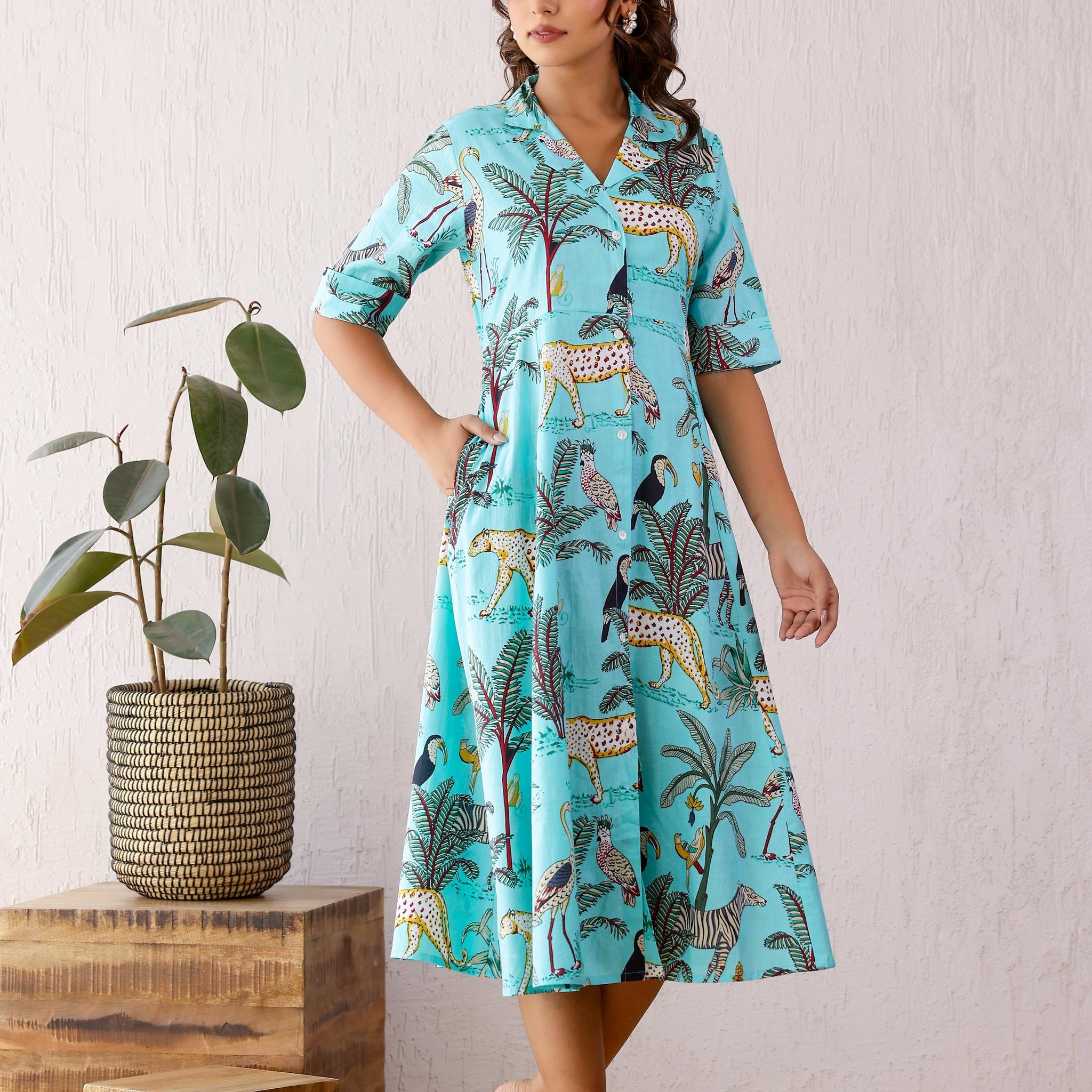 Teal Jungle Cotton Dress | | Shop stylish women's clothing online at Label Flavia |