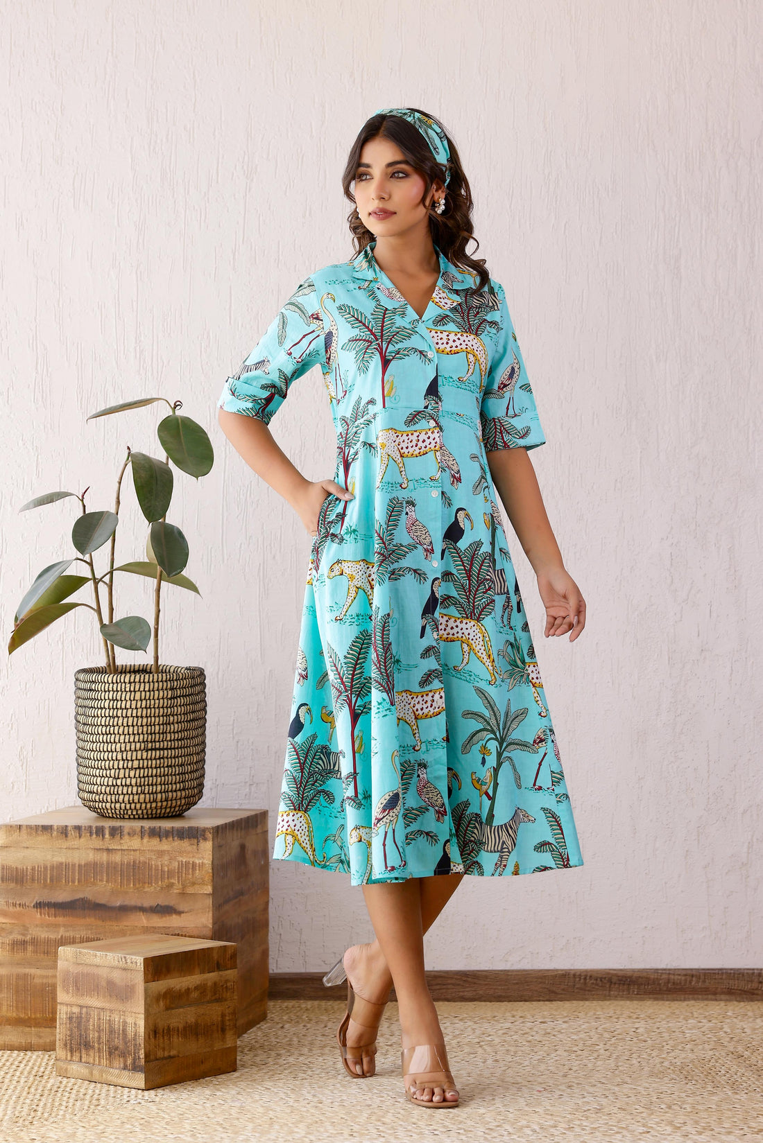 Teal Jungle Cotton Dress | | Shop stylish women's clothing online at Label Flavia |