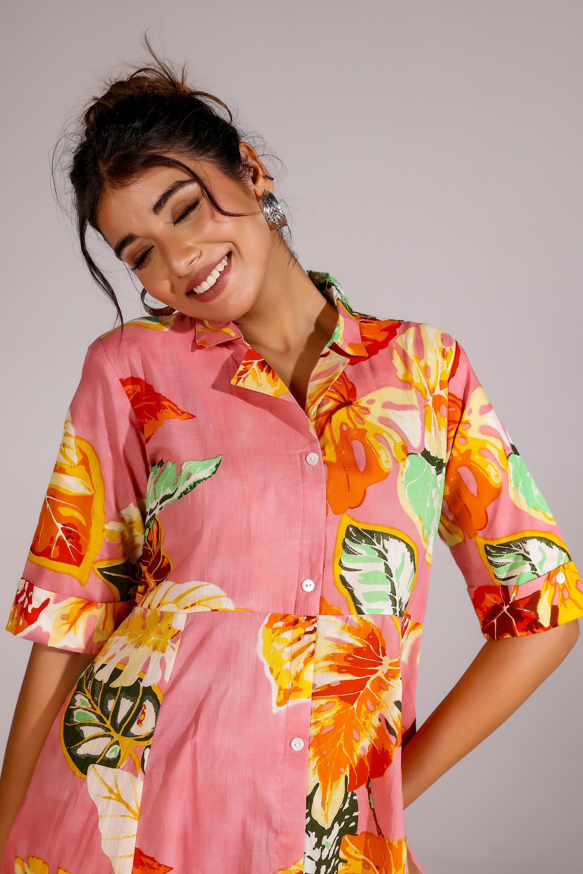 Pink Leaf Cotton Dress | | Shop stylish women's clothing online at Label Flavia |