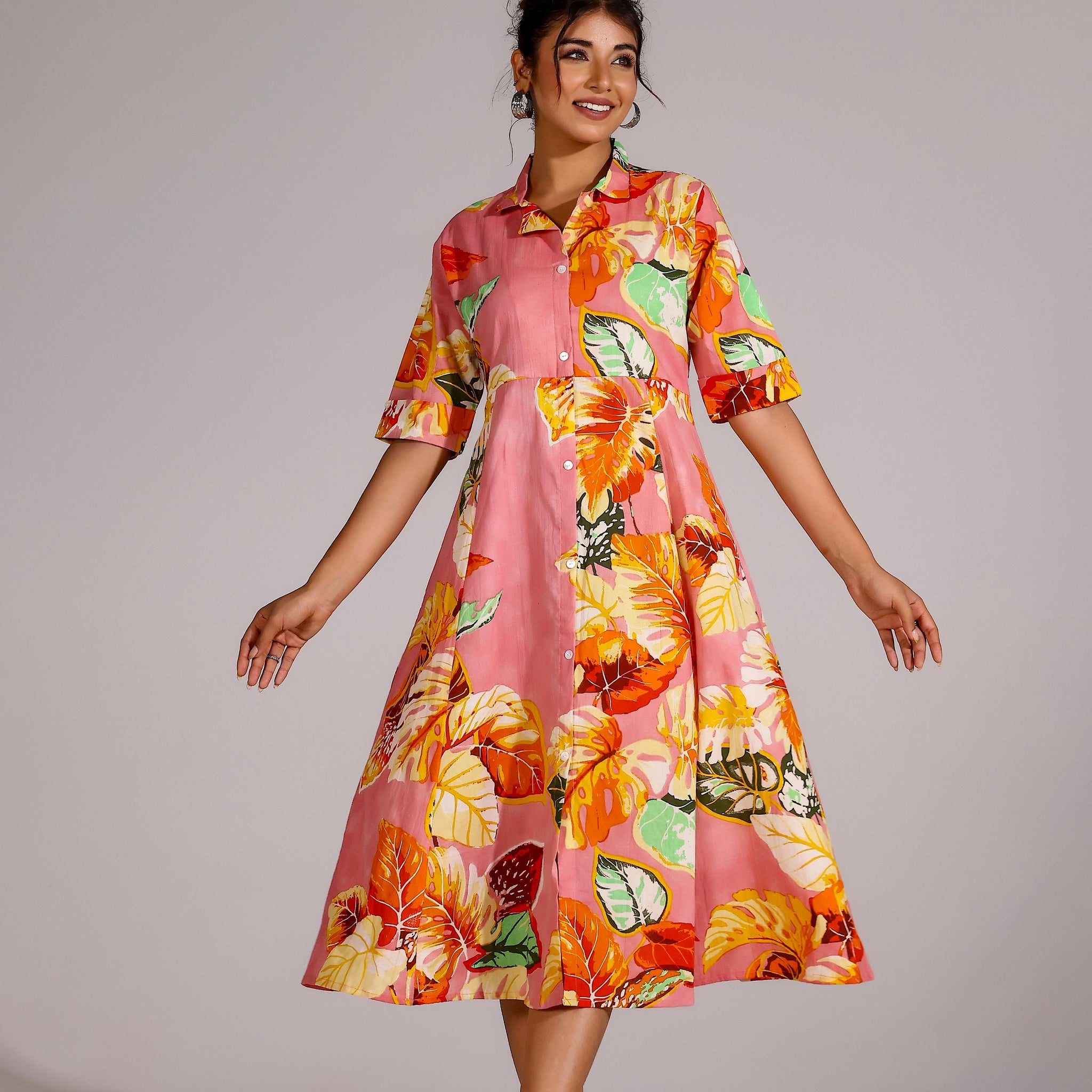 Pink Leaf Cotton Dress | | Shop stylish women's clothing online at Label Flavia |