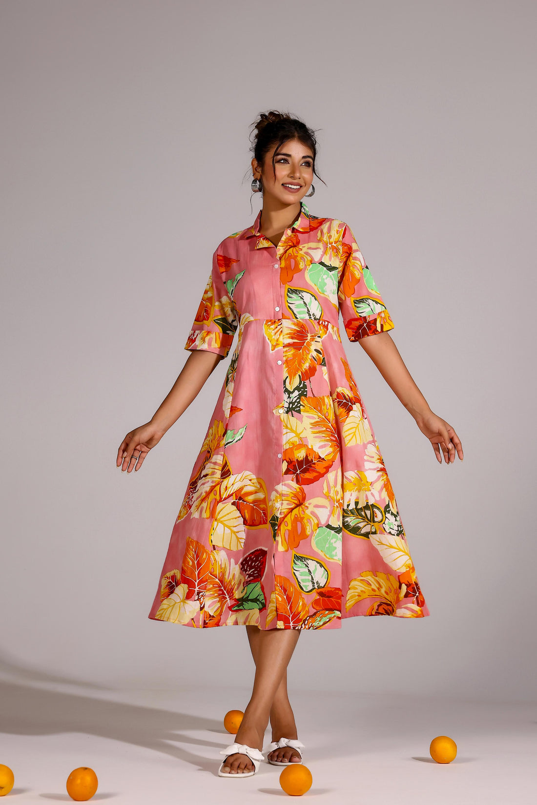Pink Leaf Cotton Dress | | Shop stylish women's clothing online at Label Flavia |