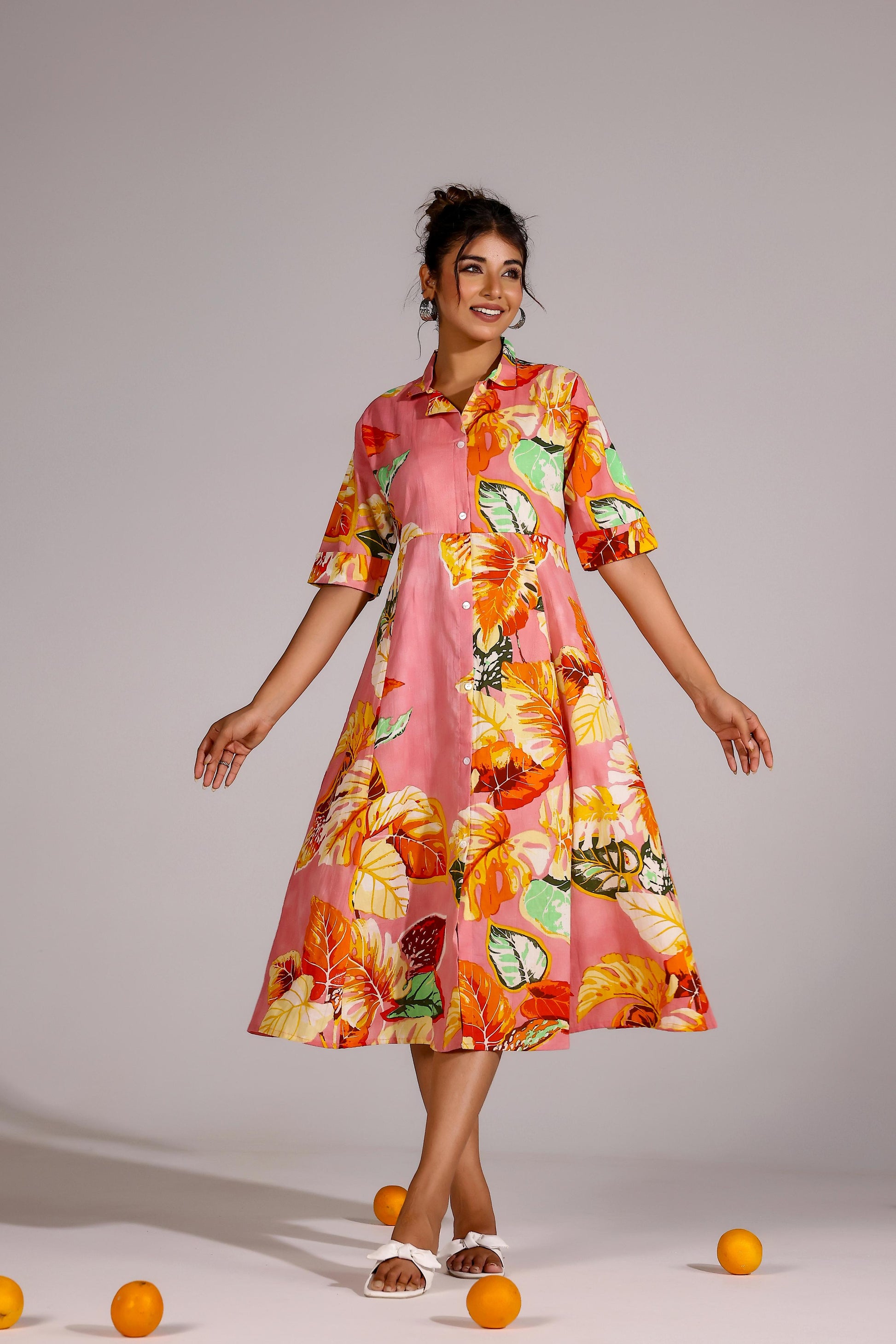 Pink Leaf Cotton Dress | | Shop stylish women's clothing online at Label Flavia |