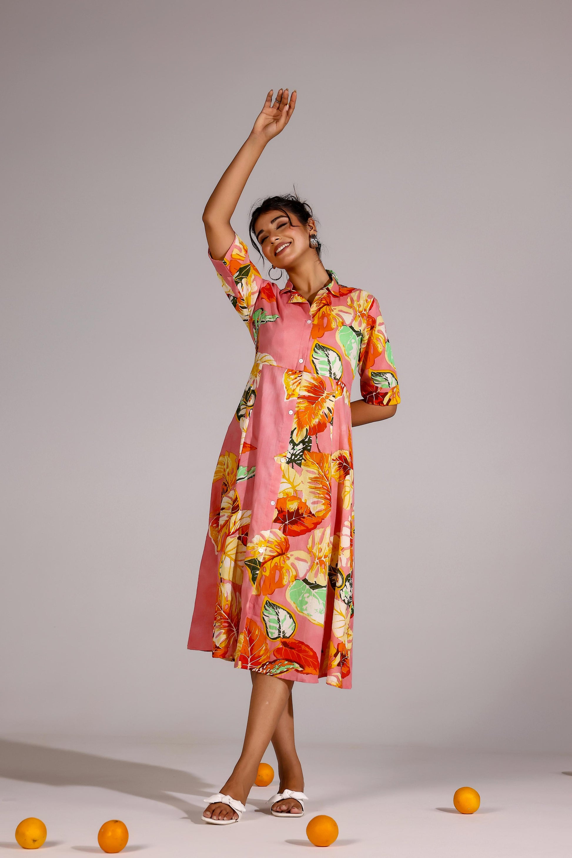 Pink Leaf Cotton Dress | | Shop stylish women's clothing online at Label Flavia |