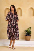 Purple Black Floral Cotton Dress | | Shop stylish women's clothing online at Label Flavia |