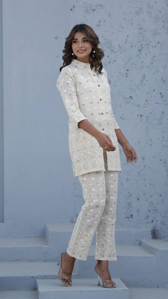 Elegant Cotton Dobby Schiffli Co-ord Set for Indian Women – Casual Luxe Style | Co-Ord Set | Shop stylish women's clothing online at Label Flavia |