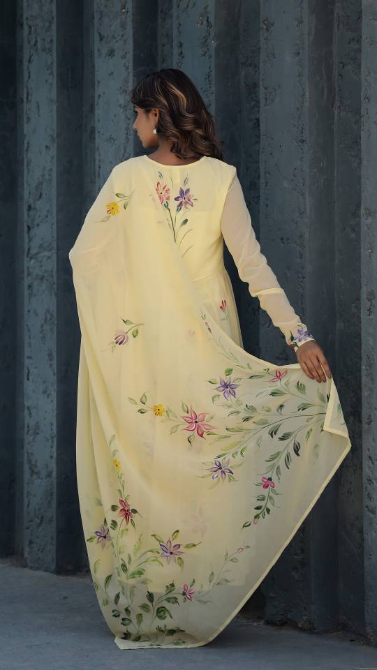 Georgette Anarkali Kurta & Dupatta Set with Hand-Painted Brush Work – Elegant Festive Wear | | Shop stylish women's clothing online at Label Flavia |