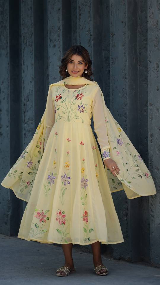 Georgette Anarkali Kurta & Dupatta Set with Hand-Painted Brush Work – Elegant Festive Wear | | Shop stylish women's clothing online at Label Flavia |
