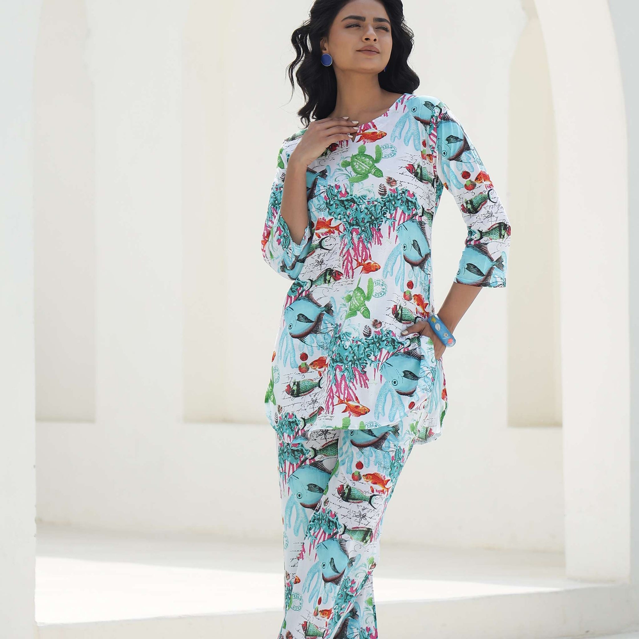 Aqua Marine Printed Cotton Cord Set